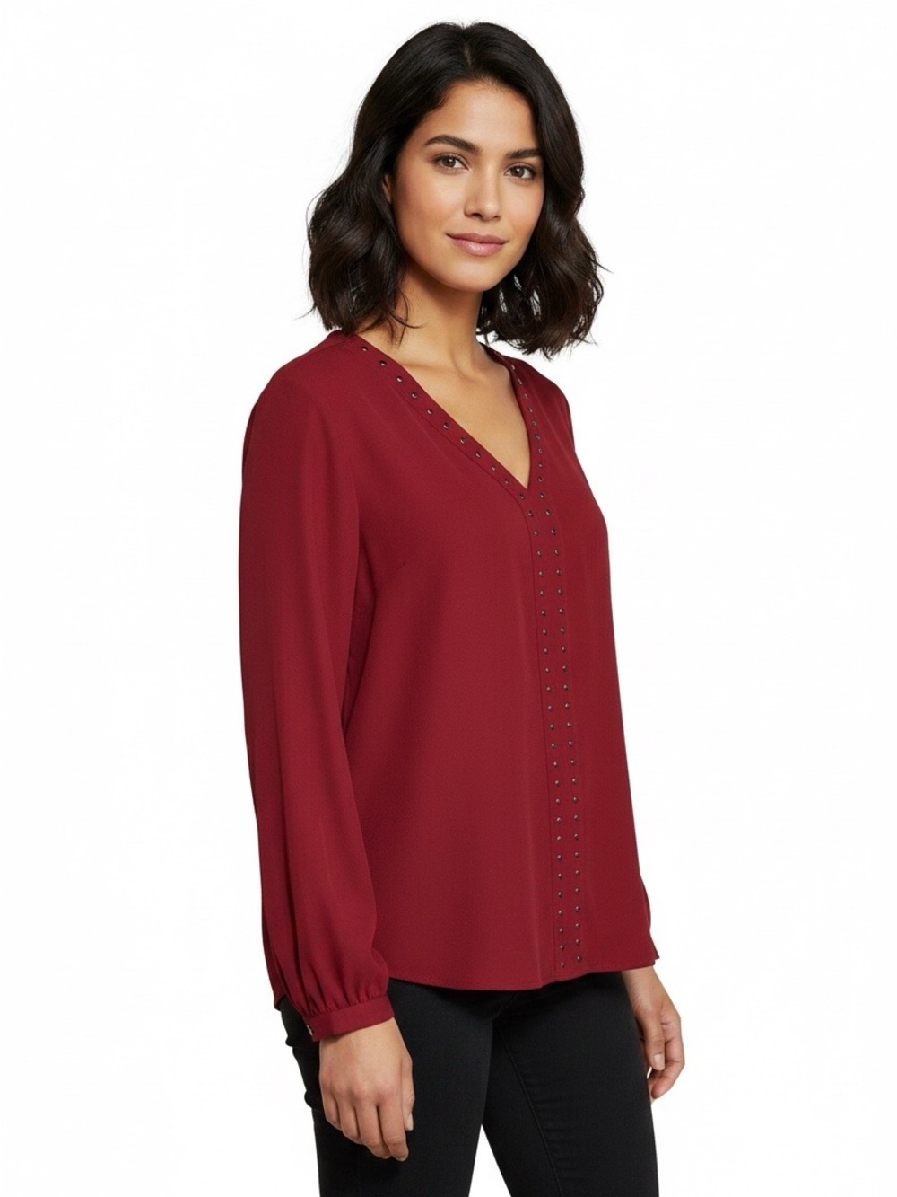 Maurices V Neck Blouse red metallic stud neckline front Long sleeve MEDIUM flowy